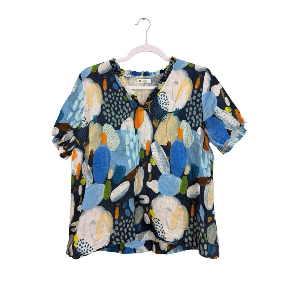 Spanner Linen Top Sz S Lagenlook Made In Italy Blue Print Short Sleeve Ruffles